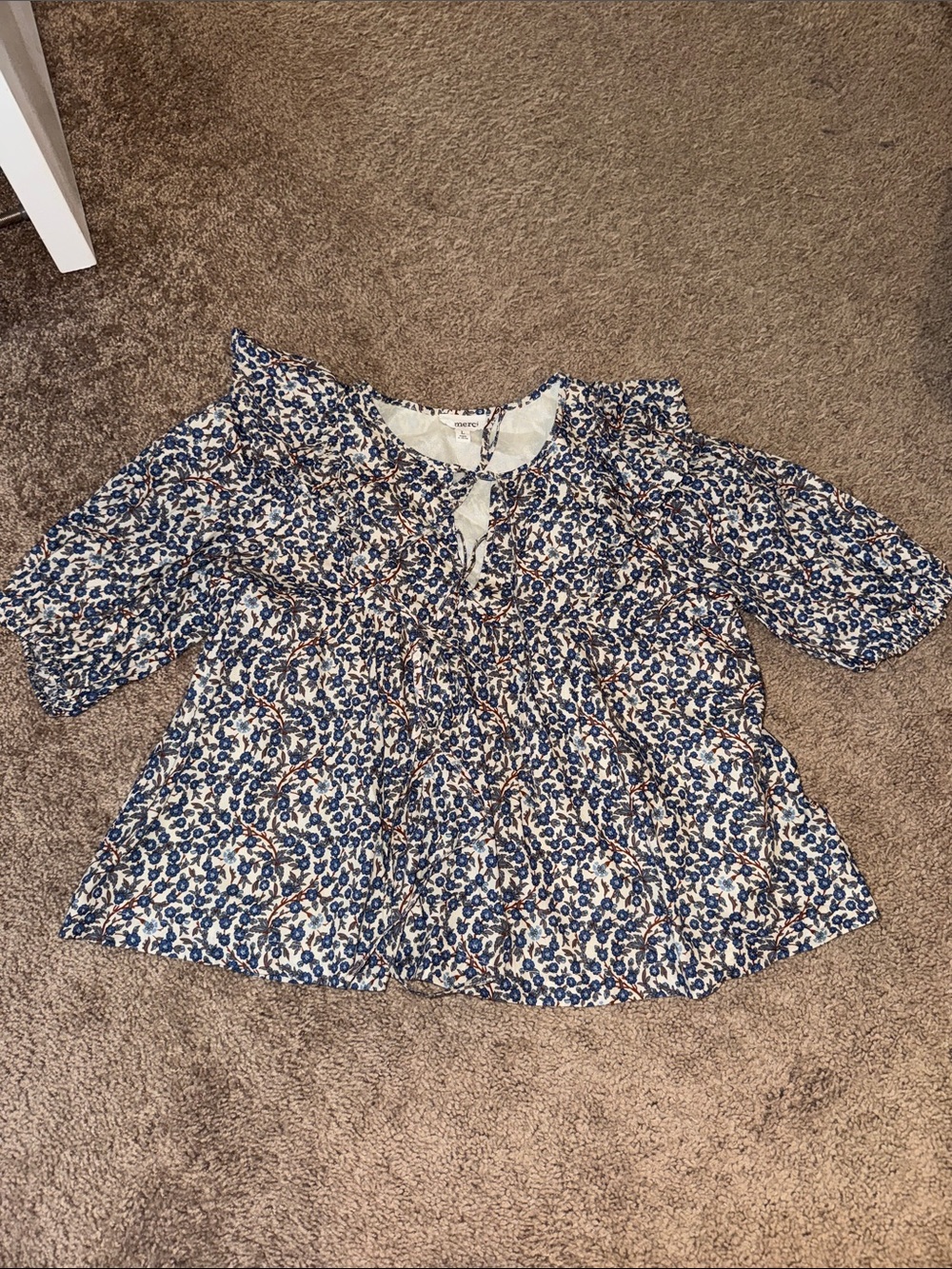 Blue and Cream Floral Ruffle-Trim Blouse